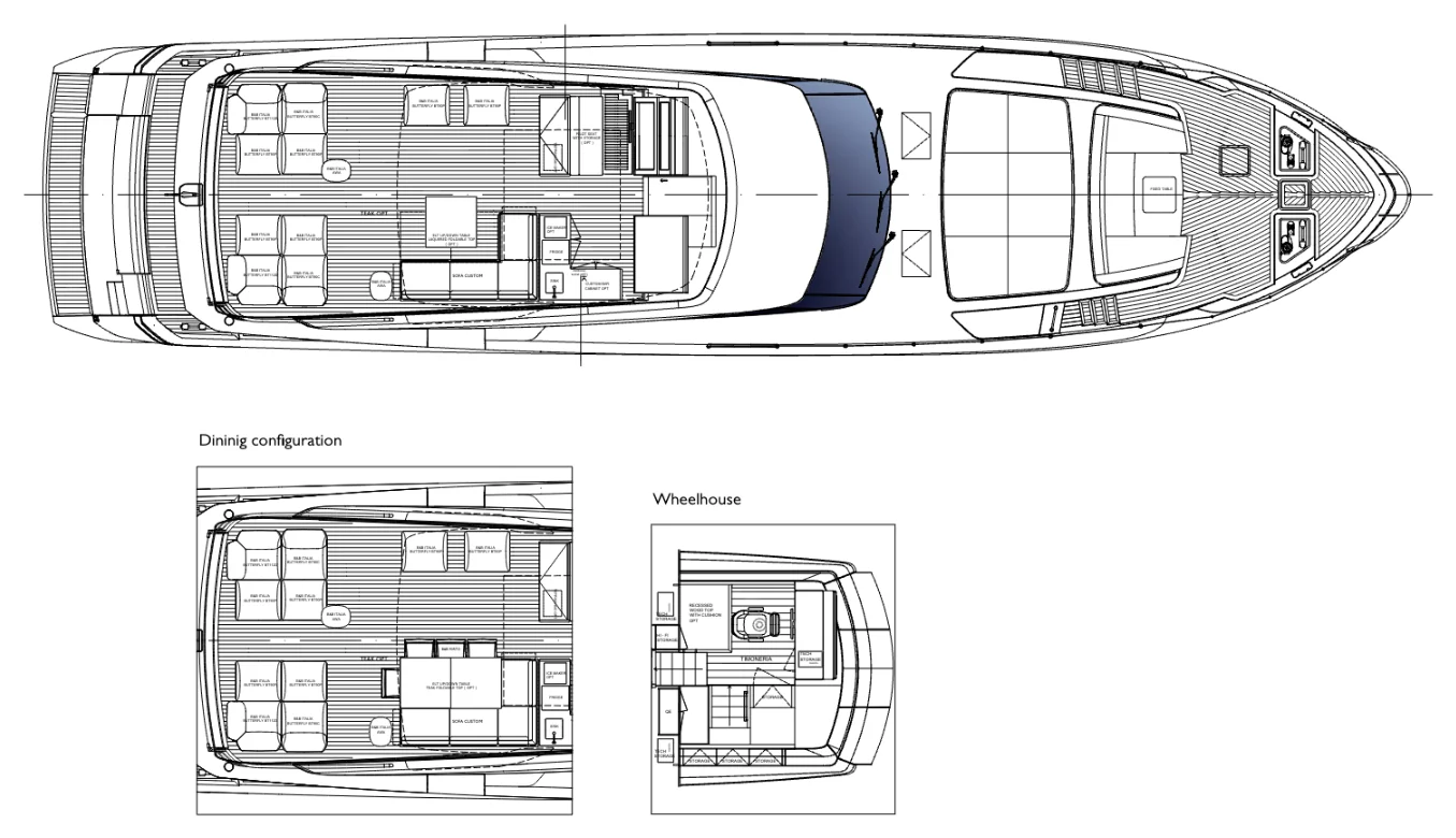 Flybridge general arrangement with dining and wheelhouse insets